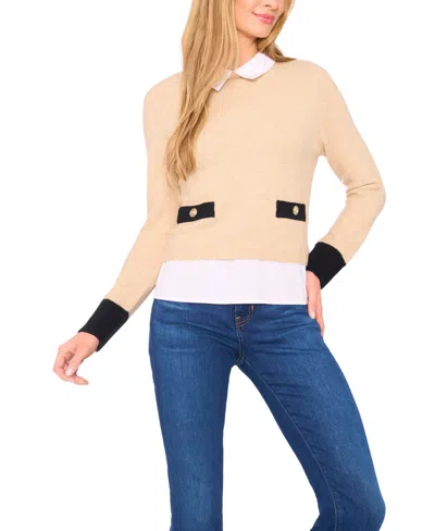 Cece Women's Two-fer Collared Pocket Detail Sweater In Brown