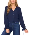 Cece Women's V-neck Button Down Lace Flounce Trim Top In Blue