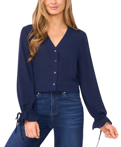 Cece Women's V-neck Button Down Lace Flounce Trim Top In Blue