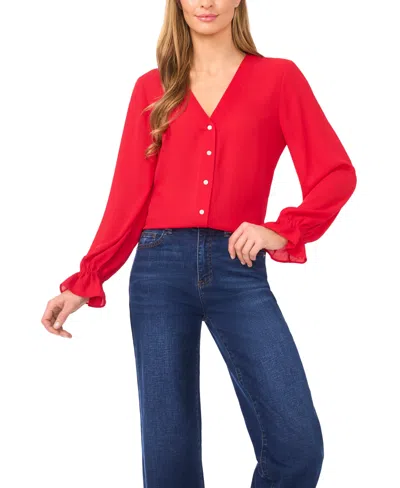 Cece Women's V-neck Button Down Lace Flounce Trim Top In Red