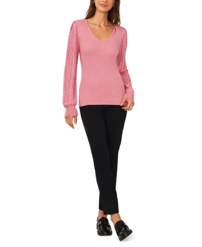Cece Women's V-neck Cable Knit Sleeve Sweater In Foxglove