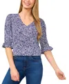 Cece Women's Floral V-neck 3/4-sleeve Ruffled Cuff Blouse In Ocean Blue