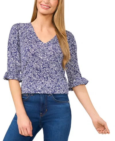 Cece Women's Floral V-neck 3/4-sleeve Ruffled Cuff Blouse In Ocean Blue