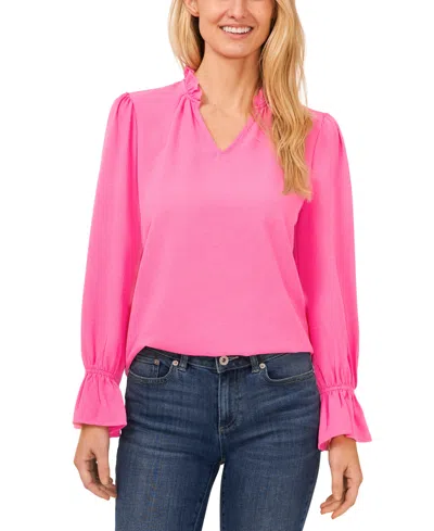 Cece Women's V-neck Long Sleeve Ruffle Trim Blouse In Pink Icing