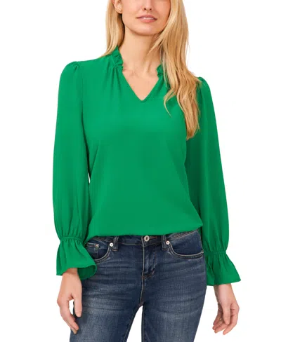 Cece Women's V-neck Long Sleeve Ruffle Trim Blouse In Soft Emerald