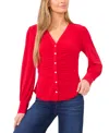 Cece Shirred V-neck Button-up Shirt In Red