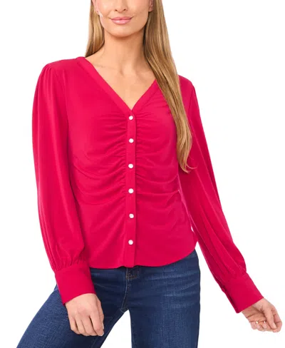 Cece Women's V-neck Long-sleeve Shirred Knit Top In Pink