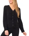Cece Women's V-neck Long-sleeve Shirred Knit Top In Black