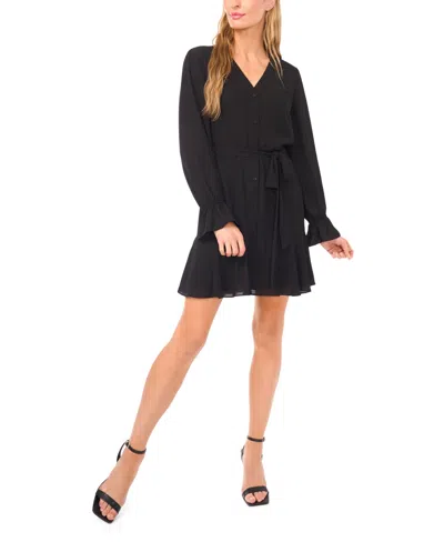 Cece Women's V-neck Long-sleeve Tie Waist Dress In Black