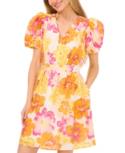 Cece Women's V-neck Puff-sleeve Waist-tie Dress In Radiant Yellow