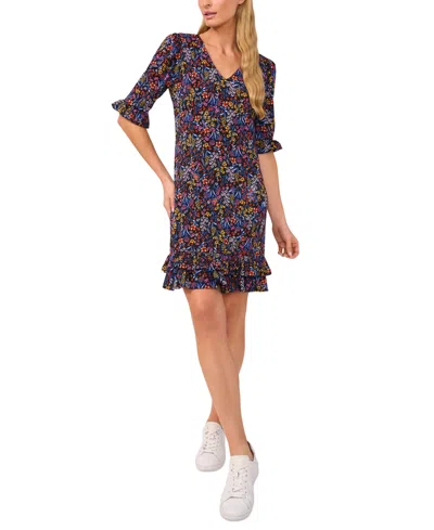Cece Floral Puff Sleeve Polo Dress In Rich Black