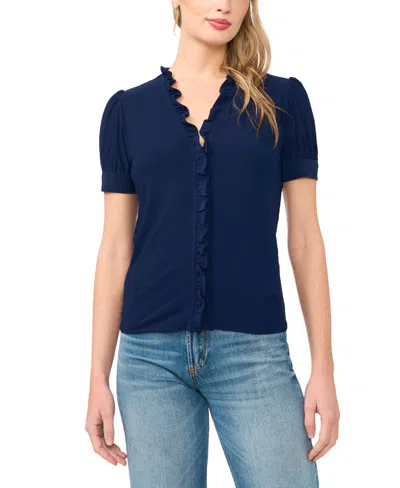 Cece Women's V-neck Short-sleeve Buttoned Top In Blue
