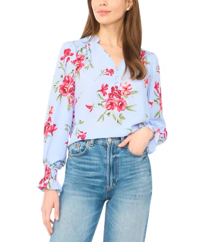 Cece Long Sleeve Half Placket Smocked Windsurfer Top In Blue