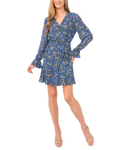 Cece Floral Long Sleeve Dress In Blue