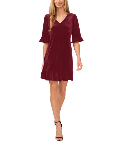 CECE WOMEN'S VELVET 3/4-SLEEVE RUFFLE TRIM SHIFT DRESS
