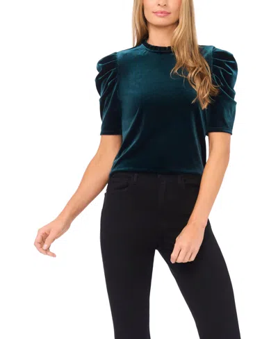 Cece Women's Velvet Ruffle Mock Neck Top In Green