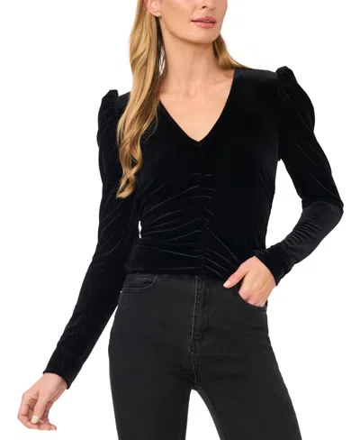 Cece Time To Shine Womens Ruched Velour Pullover Top In Rich Black
