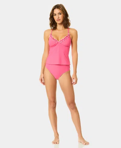 Cece Women's V-neck Contrast Ruffle Tankini Top In Pink