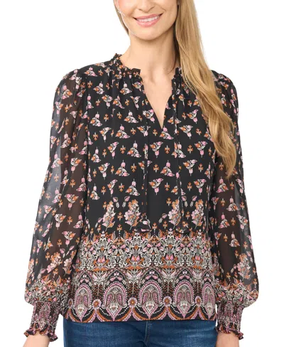 Cece Women's V-neck Keyhole-tie Ruffle Long-sleeve Blouse In Black