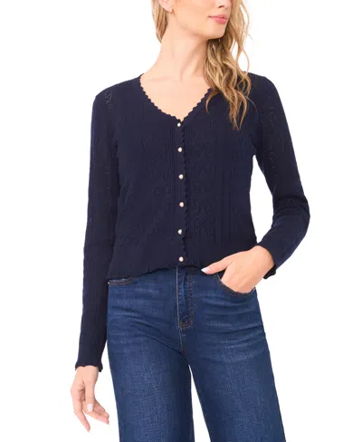 Cece Women's V-neck Pointelle Cotton Cardigan Sweater In Blue
