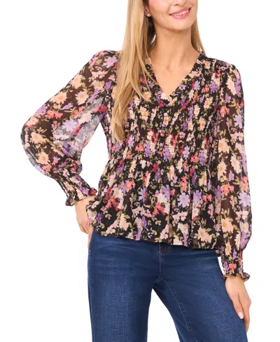 Cece Women's V-neck Smocked Bodice Peplum Top In Multi