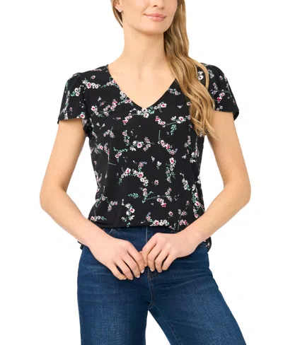 Cece Women's V-neck Tulip-sleeve Knit Top In Black