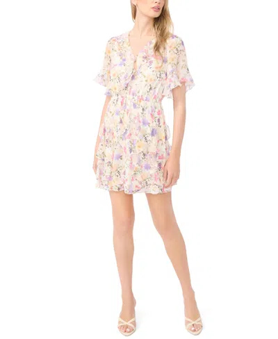 Cece Women's Waterfall Ruffle Short-sleeve V-neck Mini Dress In Neutral