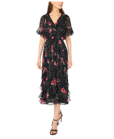 Cece Women's Waterfall Ruffle V-neck Floral Midi Dress In Black