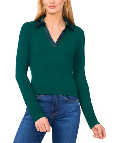 Cece Women's Woven-collar Knit Long-sleeve Top In Green