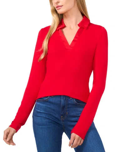 Cece Women's Woven-collar Knit Long-sleeve Top In Luminous Red