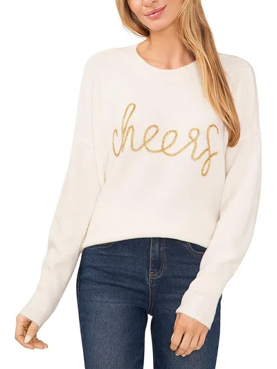 Cece Womens Beaded Ribbed Trim Pullover Sweater In Antique White