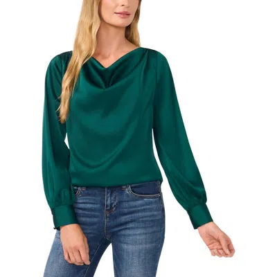 Cece Womens Button Satin Blouse In Dark Forest Green