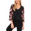 Cece V-neck Mix Media Floral Sleeve Top In Black