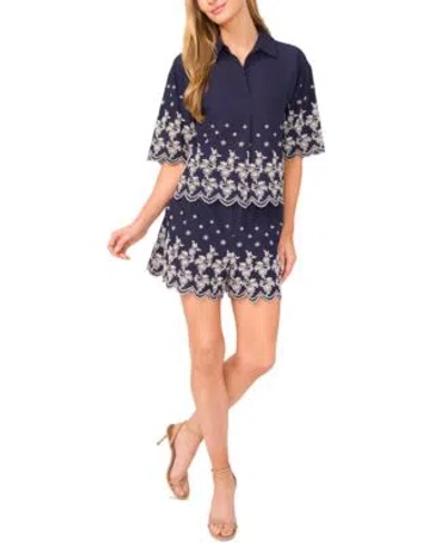 Cece Womens Contrast Embroidered Cotton Collared Shirt Embroidered Scalloped Hem Cotton Shorts In Purple
