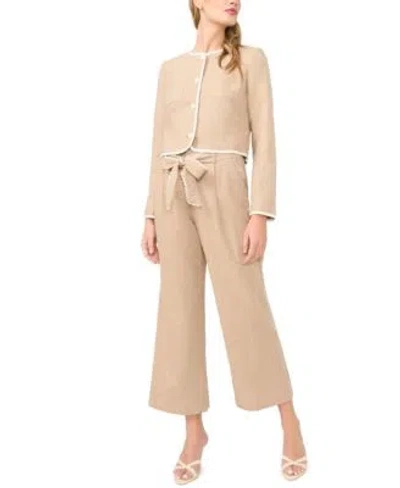 Cece Womens Contrast Trim Lady Jacket Wide Leg Bow Tie Cropped Pants In Neutral