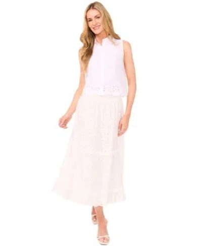 Cece Womens Cotton Eyelet Sleeveless Blouse Tiered Circle Midi Skirt In White