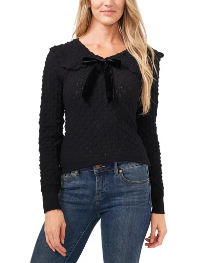 Cece Womens Cotton Pointelle Knit Pullover Sweater In Black