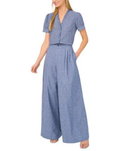 Cece Womens Cotton V Neck Short Sleeve Ruffle Trim Top Cotton Pleated Flared Wide Leg Pants In Niagara Blue