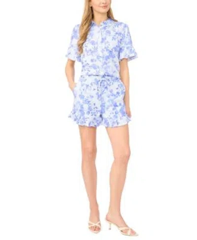 Cece Womens Cropped Button Down Shirt Pull On Shorts In Blue
