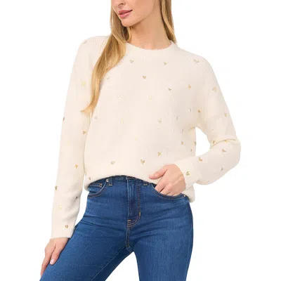 Cece Womens Embossed Knit Crewneck Sweater In White