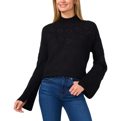 Cece Womens Embroidered Ribbed Knit Mock Turtleneck Sweater In Rich Black