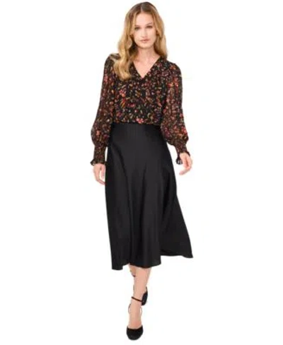 Cece Womens Floral Print Blouse Satin Midi Skirt In Rich Black
