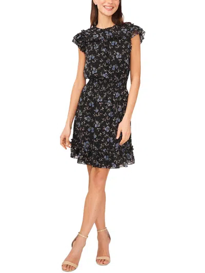 Cece Womens Floral Print Flutter Sleeve Fit & Flare Dress In Black