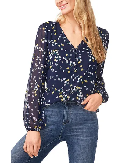 Cece Women's Floral-print V-neck Button-front Blouse In Navy J