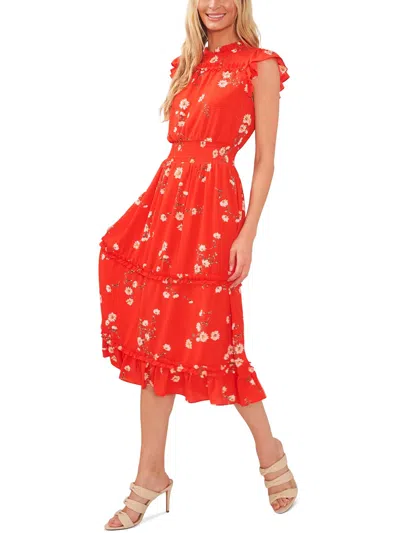 Cece Womens Floral Print Polyester Midi Dress In Orange