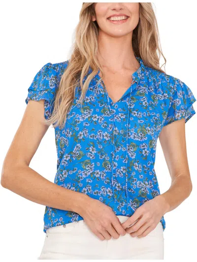 Cece Womens Floral Print Polyester Pullover Top In Blue