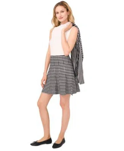 Cece Womens Gingham Cardigan Mock Neck Knit Top Mini Skirt In White