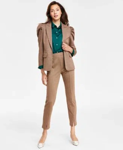 Cece Womens Houndstooth Plaid Puff Sleeve Blazer Button Down Blouse Houndstooth Plaid Split Hem Pants In Rich Black