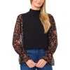 Cece Floral Sleeve Mock Neck Knit Top In Black