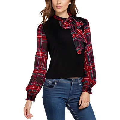 Cece Womens Mixed Media Polyester Turtleneck Top In Black